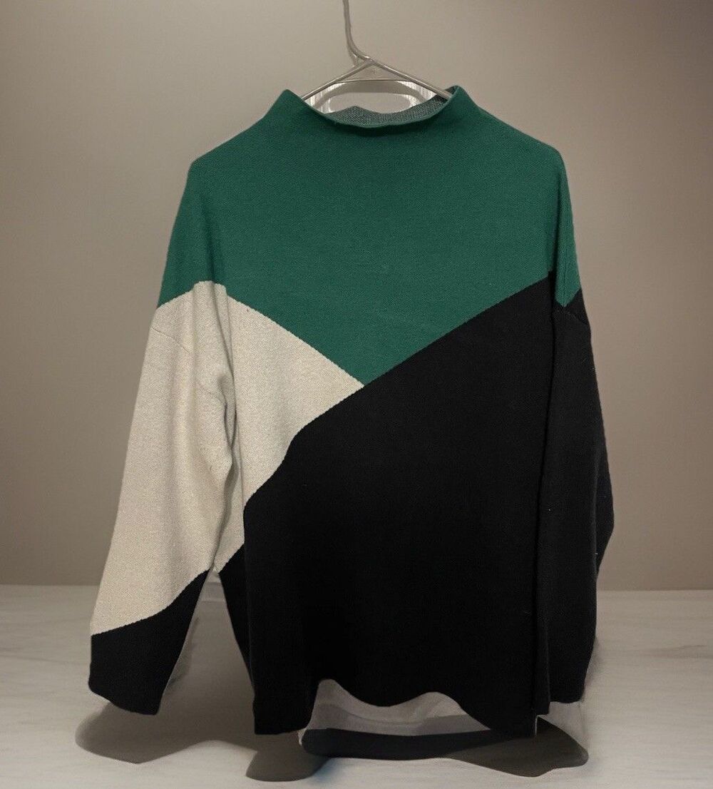 Tahari Womens Mock Neck Colorblock  Sweater Black/Green/White 1x #0301
